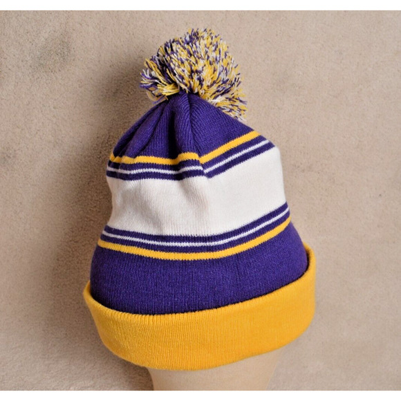 LSU Fighting Tigers Knit Cap with Pom-Pom Purple & Gold Embroidered Winter Hat - Picture 7 of 11